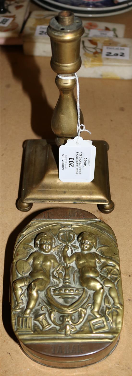 Brass candlestick & burgh tobacco box